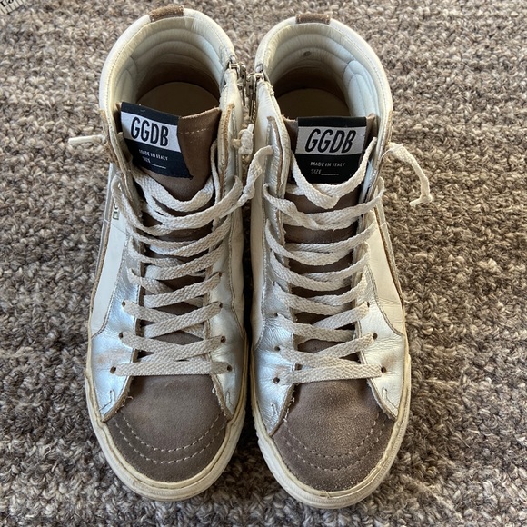 Golden Goose Shoes - Golden Goose Deluxe Brand Mid-Top Slide White Tan Zipper Distressed